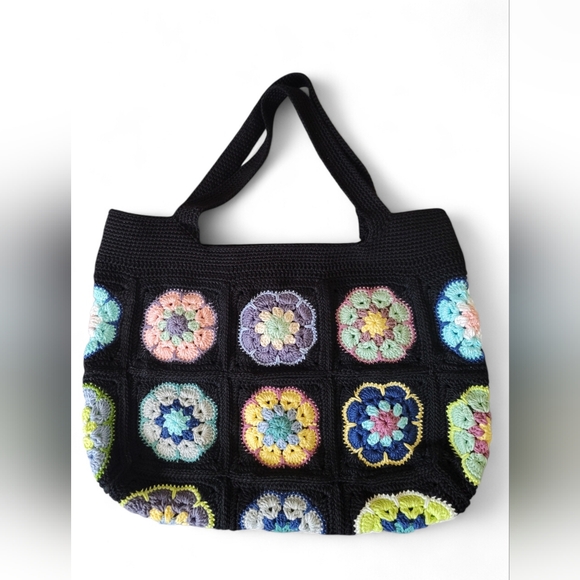 Hand Crafted Black Tote with Colorful Crochet Flowers